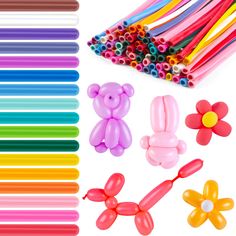 many different types of balloons and toys on a white background, including one with a teddy bear