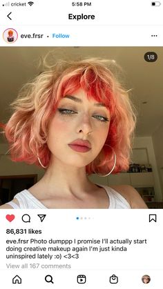 Fashion Color Hair Short, Dyed Bob With Bangs, Uncommon Hair Colors, Alt Aesthetic Hair, Block Color Curly Hair, Short Ginger Hair With Blonde Streak, Red And Peach Hair, Blonde Hair Red Roots, Short Copper And Blonde Hair