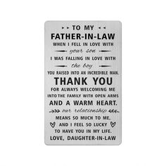 a metal plaque that says to my father - in - law, i was falling in love with you