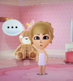 a cartoon character standing in front of a teddy bear