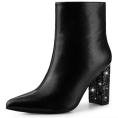 A must-have in every girl’s closet! Hustle back to the 90s millennials in this sparkly glitter-heel pointed-toe boot which is the perfect wardrobe staple. These ankle boots are perfect for dating, parties, and daily wear. The sparkly glitter heels make you stand out in the crowd effortlessly. Made with great material, these boots are breathable and durable. The pointy-toe design makes it look more elegant. Glitter Fashion, Skirt Heels, Chunky Heel Ankle Boots, Sparkly Heels, Glitter Heels, Ankle Boots Black, Pointed Toe Boots, Faux Leather Heels, Chunky High Heels