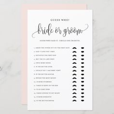 the guess game for bride and groom is shown on a white card with black ink