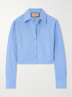 Gucci's shirt is cut from cotton Oxford and jacquard-woven with the label's signature 'GG Supreme' motif in tonal-blue threads. It's cut in a slightly loose, cropped shape and has a row of covered buttons. Leave a few undone to give it an effortless, laid-back feel. Gucci Clothes Women, Gucci Shirt Women, Gucci Blouse, Gucci Clothes, Gucci Shirt, Gucci Top, Chanel Shirt, Jacquard Shirt, Streetwear Essentials