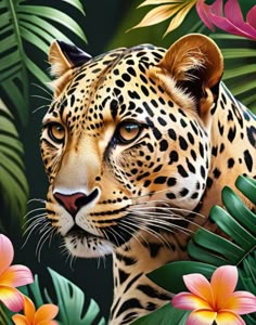 a painting of a leopard surrounded by tropical leaves and flowers, with the eyes open