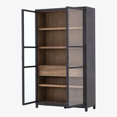 an open bookcase with two doors and shelves