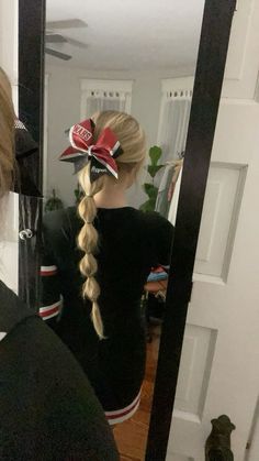 hair inspo Low Ponytail Hairstyles For Cheer, Pom Hairstyle, Ponytail Hairstyles For Cheer, Low Cheer Hairstyles, Hair Ideas For Cheerleaders, Cheer Ponytail Hairstyles Bows, Hairstyles Cheer, Cheer Game Hairstyles, Side Line Cheer Hairstyles