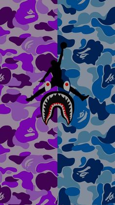 an image of a person jumping in the air with a shark's mouth and camouflage background