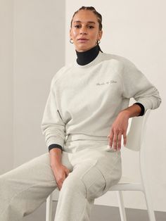 FOR: Lounge and everyday FEEL: Plush stretch fleece has a soft, brushed interior FAVE: Embroidered slogan for everyday empowerment Relaxed with room to move or layer Body length: Regular 22.6", Petite 21.6", Tall 23.6". Bra Dress, Crew Sweatshirts, Active Wear For Women, Jacket Tops, Dress Accessories, Womens Clothing Tops, Heathers, Active Wear, Lounge