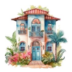 a watercolor painting of a house with palm trees and flowers