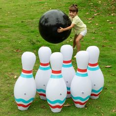 Our Giant inflatable bowling pin measures 27” in height and 24 in diameter for the bowling bowl! Hand pump included. All made of durable material. This giant sports set is right up everyone's alley! Kids and adults alike love this awesome party activity. Non-Toxic. Meet US toy standard. Safety test approved. Item #: 11476 Giant Garden Games, Desert Activities, Jumbo Games, Outdoor Bowling, Wedding Lawn Games, Corn Hole Bean Bags, Giant Garden, Farm Retreat, Beach Ball Games