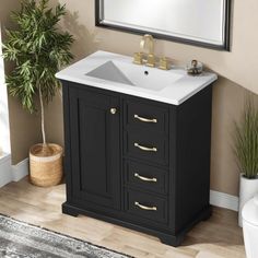 This elegant bathroom vanity seamlessly blends style and practicality, making it a perfect choice for modern bathrooms. The vanity features a white ceramic sink, providing a clean and contemporary look while ensuring durability and ease of maintenance. Constructed from high-quality materials, it resists moisture and wear, ensuring longevity in any bathroom environment. With 3 drawers and 1 spacious cabinet, the design offers ample storage for toiletries and essentials, helping to keep your space Restroom Vanity, Small Restroom, Elegant Bathroom Vanity, Cabinet With Sink, Cabinet For Bathroom, Black Sink, Bathroom Black, Cabinets And Countertops, Modern Bathrooms