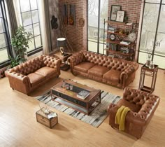 a living room filled with lots of brown furniture