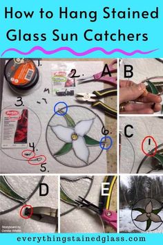 the instructions for how to hang stained glass sun catchers are shown in this collage