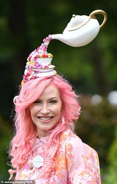 Royal Ascot Ladies' Day gets off to a glamorous start this morning | Daily Mail Online Crazy Hat Party Ideas, Crazy Hat Ideas For Adults, Hat Party Ideas Ladies, Crazy Hat Day Ideas For Adults, Teapot Costume, Teapot Hat, Teacup Hat, Creative Hats, Karneval Diy