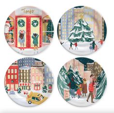 four plates decorated with christmas scenes and people walking through the snow covered city streets in winter