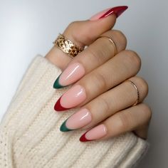 17+ GORGEOUS Red And Green Christmas Nails Ideas For 2023 Christmas Nails Red And Green French Tip, Red And Green French Tip Nails, Christmas Acrylics, Mary Nails, Jade Nails, Red Christmas Nails, October Nails, Nail Prep, Winter Nails Acrylic