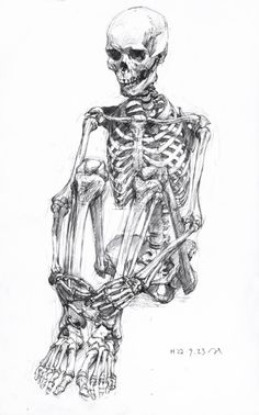 a black and white drawing of a skeleton holding a human skull in its arms, with one hand on his hip