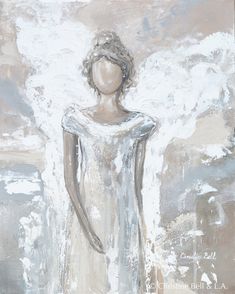 an abstract painting of a woman with angel wings in grey and white colors, on a beige background