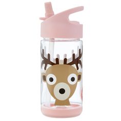 a pink sippy cup with a deer face on it