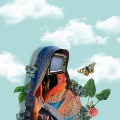 a woman with a computer monitor on her head in front of some flowers and butterflies