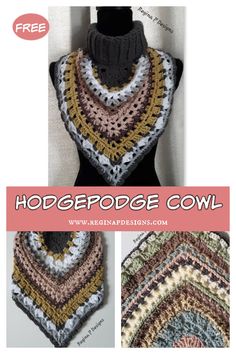 a crocheted shawl is shown with the words hodgepooe cowl on it