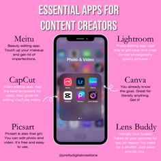 an iphone screen with the text essential apps for content creators on top and below it