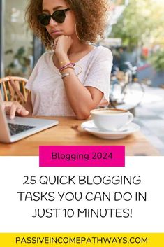 a woman sitting at a table in front of a laptop computer with the words blogging 2021