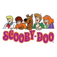 the scooby - doo show logo is shown in purple and orange with cartoon characters