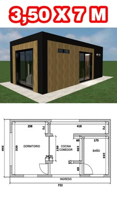 an image of a small house with the floor plan and measurements for it to be built