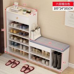 the shoe rack has four pairs of slippers on it and is next to a pair of shoes