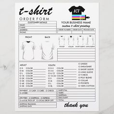 a t - shirt order form is shown on a marble surface