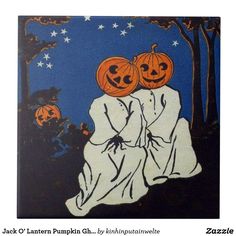 two pumpkins sitting on top of each other in front of some trees and stars