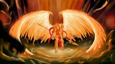 an angel with orange wings standing in water