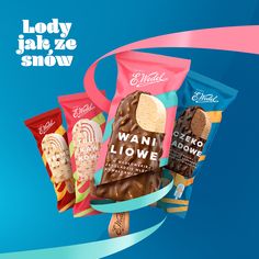 an advertisement for the new ice cream and cookies line up on a blue background with pink ribbon