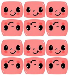 some pink squares with black eyes and faces drawn on them, all in different shapes