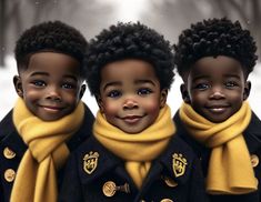 three black children wearing coats and scarves in the snow