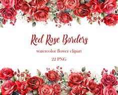 red roses border with watercolor flowers clipart and 2 png files for commercial use