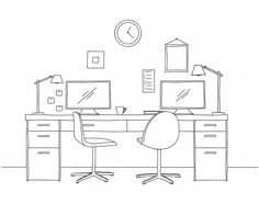 a line drawing of a desk with two computer screens and a chair in front of it