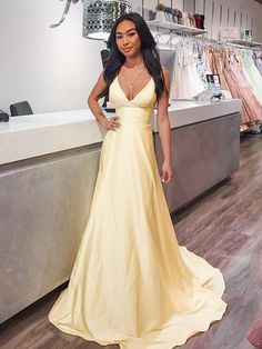 V Neck Yellow Satin Long Prom Dresses, Long Yellow Formal Graduation Evening Dresses Yellow Satin, Long Sleeve Gown, Long Prom Dresses, Satin Prom Dress, Dress Satin, Evening Gowns Formal, Evening Dresses Long, Prom Dresses Long, Cocktail Dress Party