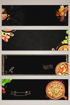 three horizontal banners with pizzas and vegetables on them, one is black and the other is white