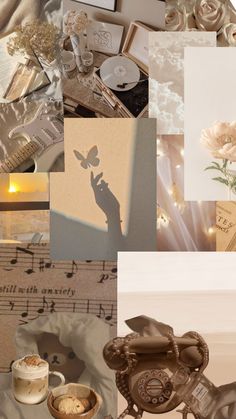 a collage of pictures with flowers, books and other things in them that are arranged on top of each other