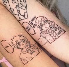 two people with tattoos on their arms, one has a girl and the other is a boy