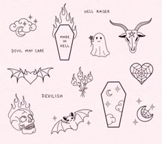 various tattoo designs on a pink background with the words hell raiser and devilish