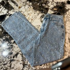 Stunning Jeans With Faux Pearls On The Front. Size Small. Never Worn. Purchased On Shein. Pearl Jeans, Shein Jeans, Faux Pearl, Blue White, Color Blue, Women Jeans, Blue And White, Women Shopping, Blue