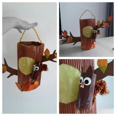 three different pictures of an owl hanging from a tree branch with leaves and paper bags attached to it