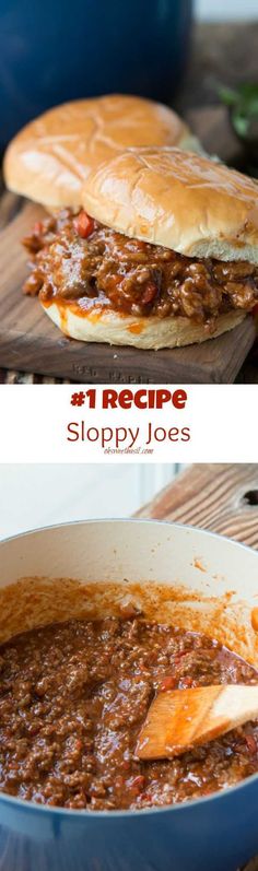 two pictures of sloppy joes in a pan and one has a sandwich on it