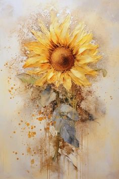 a painting of a yellow sunflower on a white background