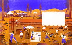 an illustration of people working in the dirt with umbrellas and other things around them