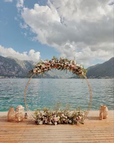 Wedding arch at beautiful location by the sea Nautical Wedding Arch, Flower Arch Beach Wedding, Ocean Side Wedding, Dock Wedding, Wedding Top Table, Mykonos Wedding, Wedding Stage Design, Wedding Arbour