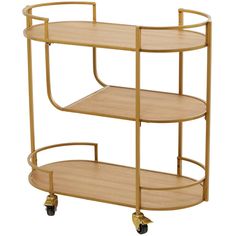 a three - tiered serving cart with wheels and wooden shelves on the bottom shelf